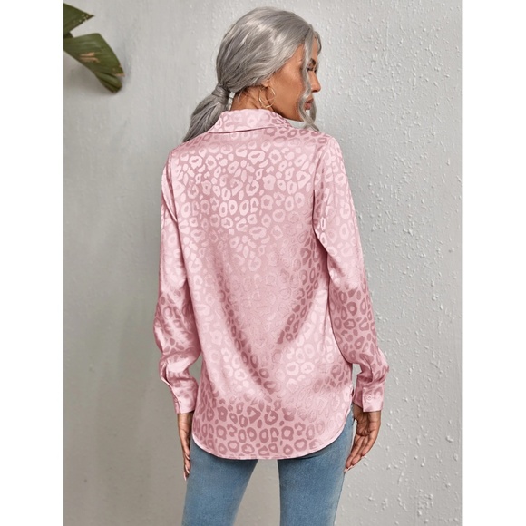 Leopard Print Satin Pink Button Down Long Sleeve Shirt - Picture 5 of 6
